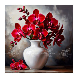 Pictura pe numere - Orhidei rosii in vaza alba 40х40 сm