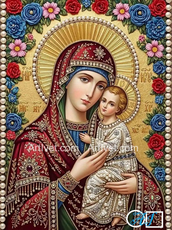 Goblen  de  diamante - Maica Domnului si pruncul - Culori sfinte: Dimensiuni si tip - 32x24 cm Margele Rotunde (Circulare)