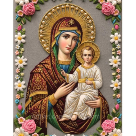 Pictura pe numere - Maica Domnului si pruncul - Flori sfinte