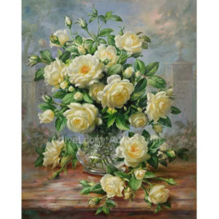 Pictura pe numere - Trandafiri albi in vaza de argint