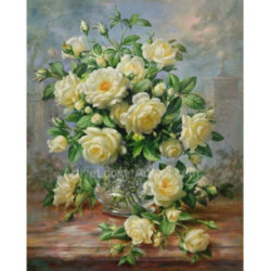 Pictura pe numere - Trandafiri albi in vaza de argint