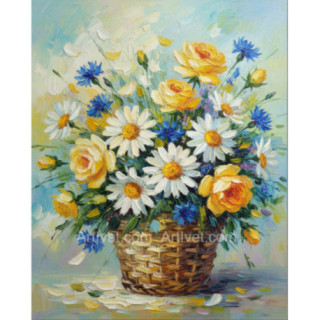 Pictura pe numere - Margarete, trandafiri galbeni si albastrele in cos