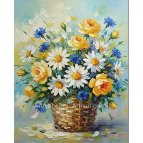 Pictura pe numere - Margarete, trandafiri galbeni si albastrele in cos