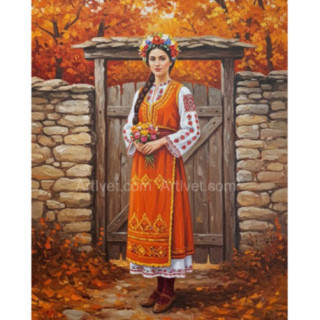 Pictura pe numere - Fata in costum traditional în fata portii