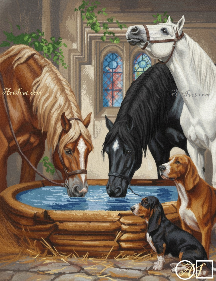 Goblen  de  diamante - Trei cai frumosi si cainii rabdatori: Dimensiuni si tip - 32x24 cm Margele Rotunde (Circulare)