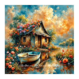 Pictura pe numere - Barca in lacul cu flori colorate 40х40 сm