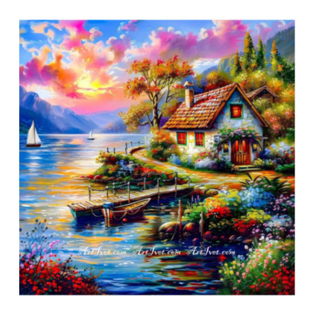 Pictura pe numere - Casa de langa portul pentru barci 40х40 сm