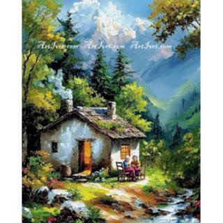 Pictura pe numere - La poalele muntelui se afla o casuta