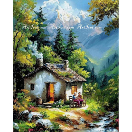 Pictura pe numere - La poalele muntelui se afla o casuta