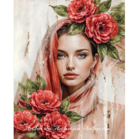 Pictura pe numere - Femeia cu trandafiri rosii