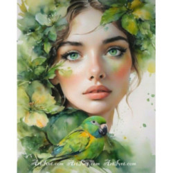 Pictura pe numere - Prieteni in verde - Doamna cu papagalul