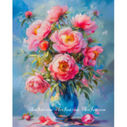 Pictura pe numere - Buchet de bujori in vaza albastra