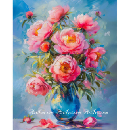 Pictura pe numere - Buchet de bujori in vaza albastra