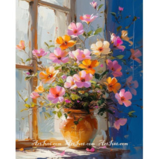 Pictura pe numere - Flori frumoase intr-un vas de lut