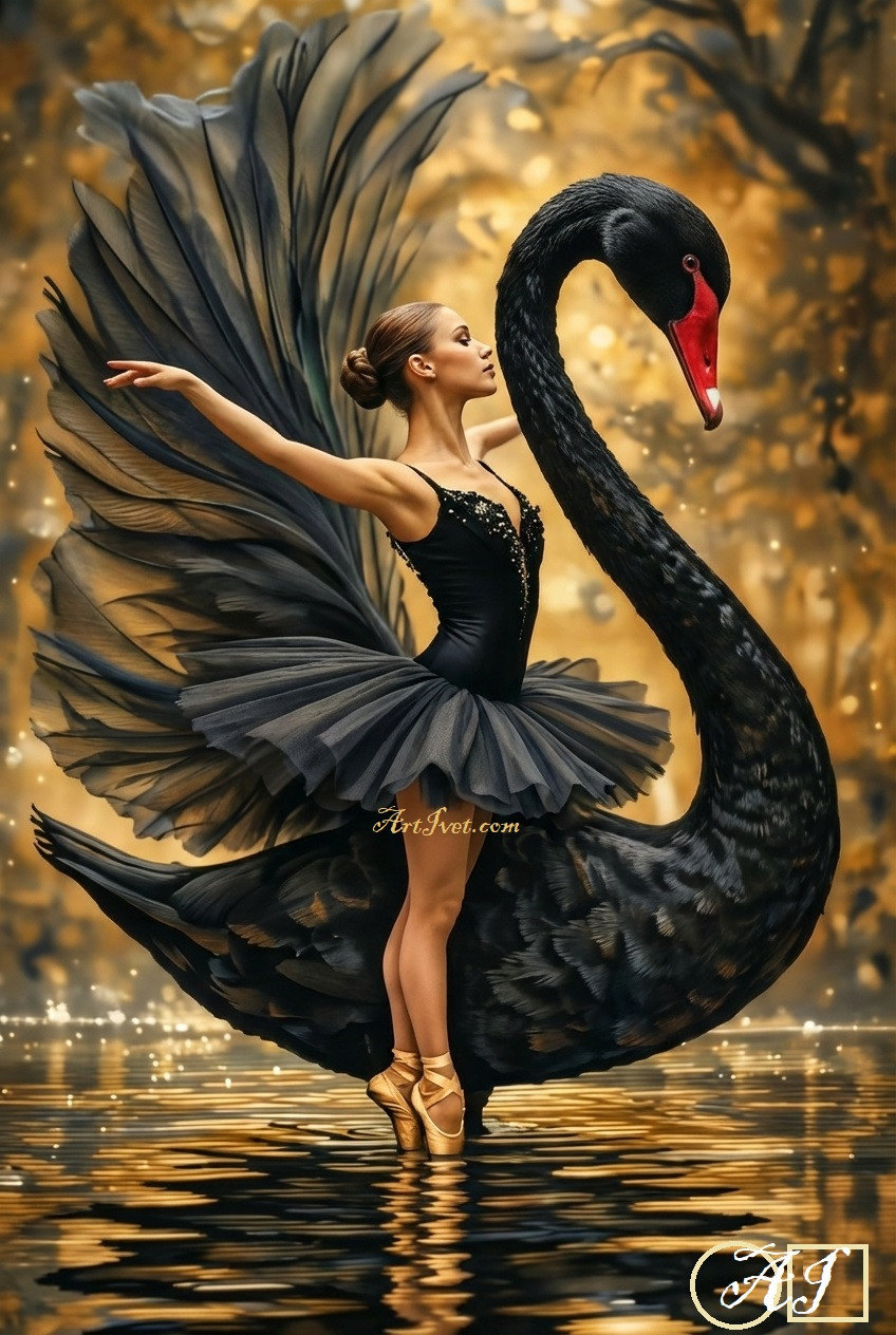 Goblen  de  diamante - Dansul lebedei negre: Dimensiuni si tip - 45x30 cm Margele Rotunde (Circulare)