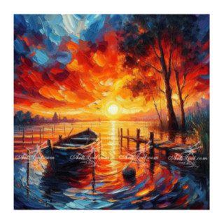 Pictura pe numere - Apus de soare aprins deasupra portului pentru barci 40х40 сm