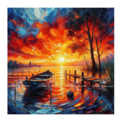 Pictura pe numere - Apus de soare aprins deasupra portului pentru barci 40х40 сm