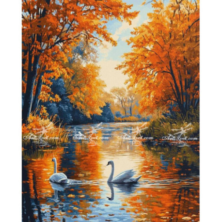 Pictura pe numere - Lacul cu lebede toamna 40х50сm