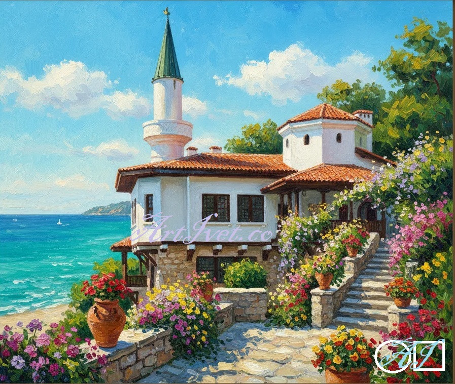 Goblen  de  diamante - Palatul din Balcic - Varianta 2: Dimensiuni si tip - 25x20 cm Margele Patrate