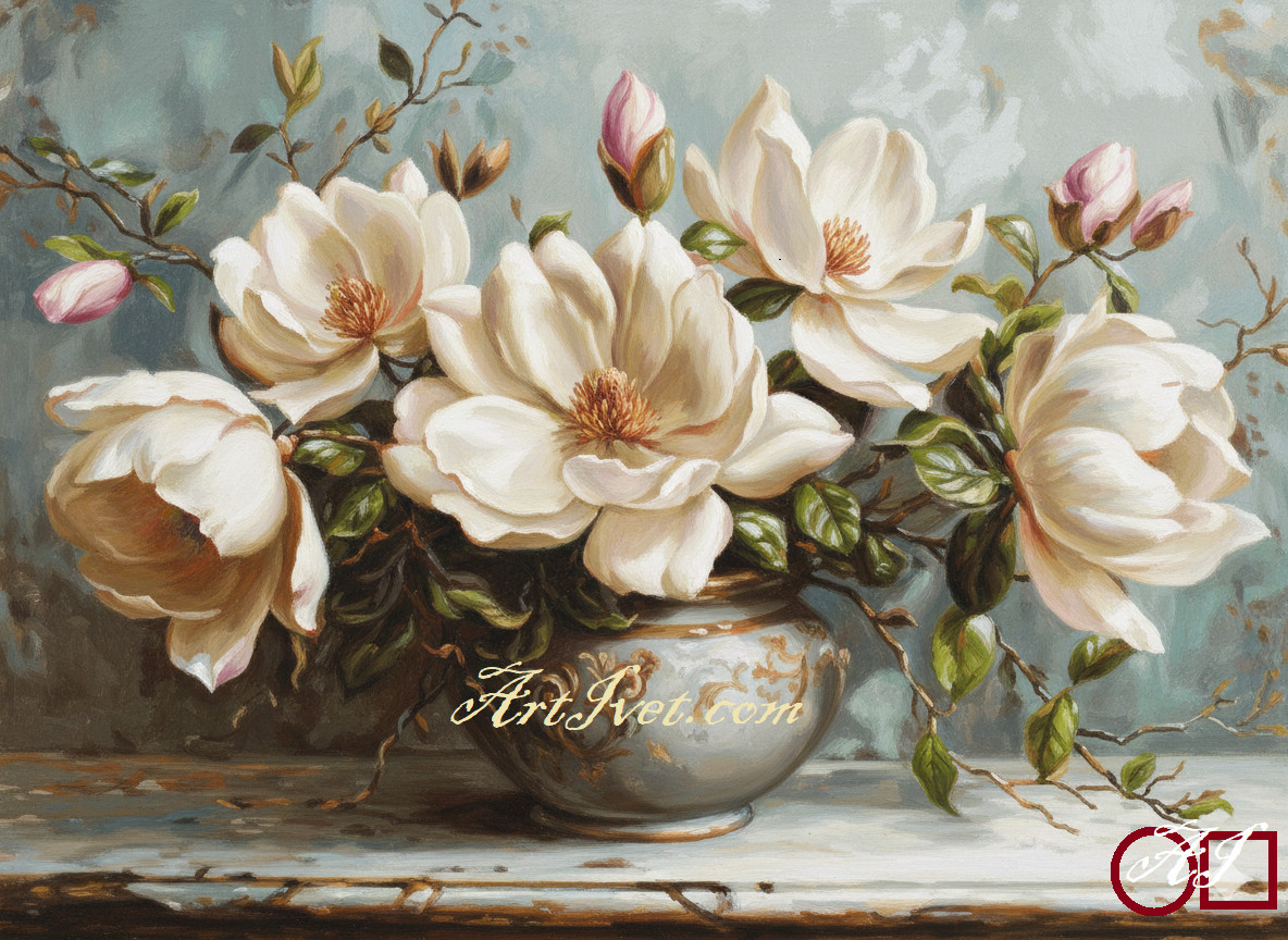 Goblen  de  diamantе - Magnolia grandiflora in vaza: Dimensiuni si tip - 28x20 cm Margele Patrate