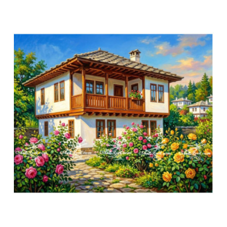 Pictura pe numere - Cararea cu trandafiri la casa veche 40х50сm